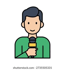 This image shows a cartoon-style illustration of a man holding a microphone, likely used for public speaking or news reporting