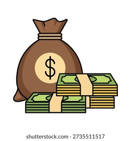 This image shows a cartoon-style illustration of a brown money bag with a dollar sign and two stacks of green bills. Featuring cash