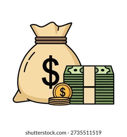This image shows a cartoon-style illustration of a money bag with a dollar sign, accompanied by a stack of bundled cash and a pile of coins with a single coin on top, against a plain white background
