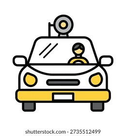 This image shows a cartoon-style illustration of a police car with a driver from the front, featuring a siren on top. Featuring front view