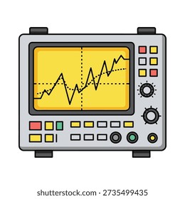 This image shows a cartoon-style oscilloscope with a yellow screen displaying a black waveform, surrounded by various buttons and dials on a grey background
