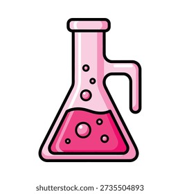 This image shows a cartoon-style pink Erlenmeyer flask with bubbles, used for mixing or storing liquids in a laboratory setting