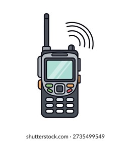 This image shows a cartoon-style two-way radio with an antenna and signal waves emanating from it on a white background Featuring walkie-talkie