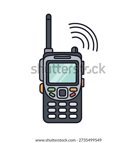 This image shows a cartoon-style two-way radio with an antenna and signal waves emanating from it on a white background Featuring walkie-talkie