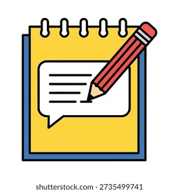 This image shows a cartoon-style yellow spiral notebook with a red pencil writing in a speech bubble on a white background