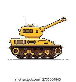 This image shows a cartoon-style yellow military tank with a long barrel and brown tracks on wheels on a white background