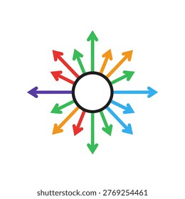 This image shows a central black circle with multiple colored arrows radiating outward in all directions. Each arrow is uniformly spaced around the circle, indicating directionality from the center point. The arrows are in various colors including red, green, blue, orange, cyan, and magenta, creating a visually vibrant and symmetrical pattern.