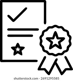 This image shows a certificate of achievement with a star and checkmark. It also features a ribbon and seal, symbolizing success and quality. The design is clean and modern.