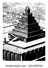 Dieses Bild zeigt den Chaldäischen Tempel, der vom Himmel aus gesehen wurde. Es gibt mehrere Gebäude um den Tempel, Vintage-Linie Zeichnung oder Gravitation Illustration.