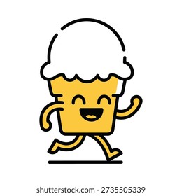 This image shows a cheerful cartoon cupcake with a big smile running with icing on top on a white background. Featuring character