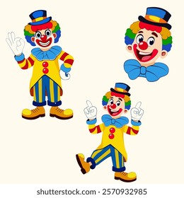 This image shows a cheerful clown with a rainbow wig, blue bow tie, and striped yellow and blue outfit. The clown is wearing a top hat and is depicted in three poses: waving, pointing, and smiling.
