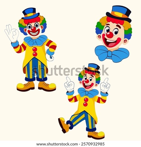 This image shows a cheerful clown with a rainbow wig, blue bow tie, and striped yellow and blue outfit. The clown is wearing a top hat and is depicted in three poses: waving, pointing, and smiling.
