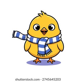 This image shows a cheerful yellow chick with wide eyes and a small beak, wearing a striped blue and white scarf, standing on a purple circular base against a plain background