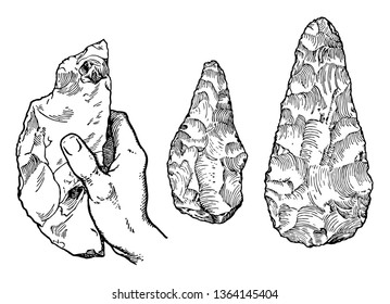Esta imagen muestra las herramientas Chellean Age Chopping. Estas herramientas de corte usadas como hachas de mano en tiempos antiguos, dibujo vintage de líneas o ilustración de grabado.