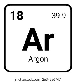 Esta imagem mostra o elemento químico Argon da tabela periódica com seu símbolo Ar, número atômico 18, e massa atômica 39,9 em um estilo limpo e mínimo com texto preto sobre fundo branco.