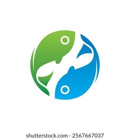 This image shows a circular design featuring two stylized fish, one green and one blue, arranged in a yin yang like pattern, symbolizing balance and harmony