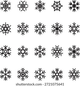 Esta Imagen muestra una colección limpia y minimalista de diseños de copos de nieve negros con diferentes patrones geométricos. Todos los copos de nieve se muestran sobre un fondo blanco, creando un fuerte contraste y claridad visual. El estilo es moderno, simétrico y basado en Vectores, lo que lo hace ideal para temas invernales, diseños de Navidades, íconos, patrones, logotipos y gráficos imprimibles.