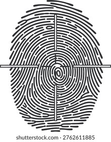 This image shows a clear black and white depiction of a fingerprint with detailed ridge patterns. The fingerprint is overlaid with lines that likely indicate the core and delta points, which are used in forensic analysis to classify and identify fingerprints. The pattern appears to be a whorl type, characterized by circular ridges that form concentric circles.