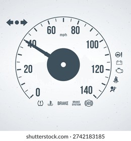 This image shows a close-up view of a car's speedometer and dashboard warning lights. The speedometer displays a range of speeds from 0 to 140 mph, with a prominent needle indicating the current speed. Various warning lights and symbols are also visible, including those for the brake system, ABS, and other important vehicle functions. The image highlights the importance of monitoring vehicle performance and safety features while driving.