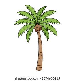 This image shows a coconut tree with green leaves and coconuts growing on it