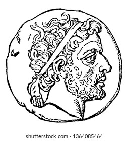 This image shows the coin with the face of Philip V of Macedonia. The entire area around the face is blank, vintage line drawing or engraving illustration.