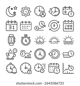 This image shows a collection of black and white outline icons related to time, schedules, and deadlines on a white background.