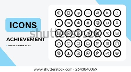 This image shows a collection of black and white icons related to business and achievement on a white background.