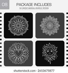 This image shows a collection of four unique mandala designs in black and white, featuring intricate floral patterns, sun faces, and heart.