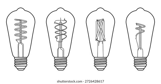 Dieses Bild zeigt eine Kollektion von vier Glühlampen im Vintage-Stil, die in einem sauberen schwarzen Linien-Art-Stil auf weißem Hintergrund dargestellt sind. Alle Glühbirnen teilen sich eine klassische längliche Edison Silhouette mit einem leicht abgerundeten Oberteil und einem Standard-Schraubsockel, was dem Set ein zusammenhängendes und zeitloses Aussehen verleiht.

Trotz ihrer ähnlichen äußeren Form verfügt jeder Kolben über eine einzigartige innere Filamentkonfiguration. Die Filamente reichen von eng gewickelten Spiralspulen bis hin zu lockereren, asymmetrischen Wendeln und geraden, stabförmigen Filamentbündeln. Diese Variationen unterstreichen die Vielfalt der Filamenttechnik, die in der dekorativen und frühen elektrischen Beleuchtung verwendet wird, und verleihen dem Set visuelles Interesse und technischen Charakter.

Die Illustration verwendet konsistentes Liniengewicht, präzise Konturen und keine Schattierung, was zu einer minimalistischen und schematischen Ästhetik führt. Dies macht die Glühbirnen einfach zu skalieren, neu zu färben oder in Vektorgrafiken umzuwandeln und eignet sich sowohl für digitale als auch für Druckanwendungen. Die Klarheit der inneren Strukturen verleiht dem Bild ein pädagogisches und technisches Gefühl, während die Vintage-Lampenformen Nostalgie und Handwerkskunst hervorrufen.

Dieses Set eignet sich ideal für den Einsatz in Grafikdesign-Projekten, Branding, Verpackungen, Postern, Webdesign, Symbolsystemen, Infografiken und redaktionellen Layouts. Es kann visuell Ideen wie Kreativität, Innovation, Elektrizität, Energie, Technologie oder Retro-Design darstellen. Der ausgewogene Abstand und der einheitliche Stil sorgen für Vielseitigkeit und einfache Integration in eine Vielzahl visueller Kompositionen.