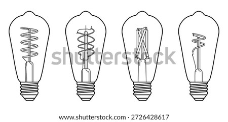 This image shows a collection of four vintage-style filament light bulbs illustrated in a clean black line-art style on a white background. All bulbs share a classic elongated Edison silhouette with a slightly rounded top and a standard screw base, giving the set a cohesive and timeless appearance.

Despite their similar outer shapes, each bulb features a unique internal filament configuration. The filaments vary from tightly wound spiral coils to looser, asymmetrical helices and straight, rod-like filament bundles. These variations highlight the diversity of filament engineering used in decorative and early electric lighting, adding visual interest and technical character to the set.

The illustration uses consistent line weight, precise contours, and no shading, resulting in a minimalist and schematic aesthetic. This makes the bulbs easy to scale, recolor, or convert into vector graphics, and suitable for both digital and print applications. The clarity of the internal structures gives the image an educational and technical feel, while the vintage bulb forms evoke nostalgia and craftsmanship.

This set is ideal for use in graphic design projects, branding, packaging, posters, web design, icon systems, infographics, and editorial layouts. It can visually represent ideas such as creativity, innovation, electricity, energy, technology, or retro design. The balanced spacing and uniform style ensure versatility and ease of integration into a wide range of visual compositions.
