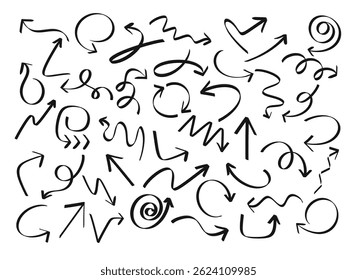 This image shows a collection of hand-drawn arrows in various shapes and directions on a black background. The arrows are white with a soft shadow, giving a 3D look.