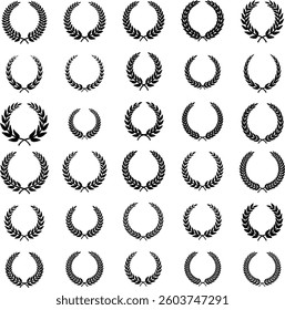 This image shows a collection of laurel wreath icons in various styles, arranged in multiple rows.