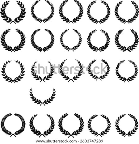 This image shows a collection of laurel wreath icons in various styles, arranged in multiple rows.