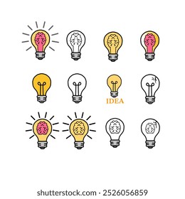 Esta Imagen muestra una colección de iconos de bombillas, cada uno con una ilustración cerebral, que simboliza el concepto de ideas y creatividad. Algunas bombillas se encienden, otras se oscurecen.