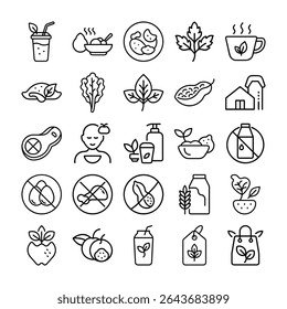 This image shows a collection of line art icons representing healthy food, sustainable living, and dietary restrictions, all in a clean, minimalist style.