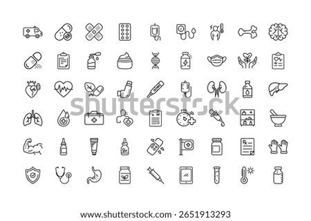 This image shows a collection of minimalist line art icons representing various medical and healthcare concepts, including organs, treatments, and equipment.