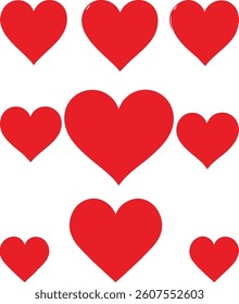 This image shows a collection of nine red heart shapes arranged in three rows on a white background.