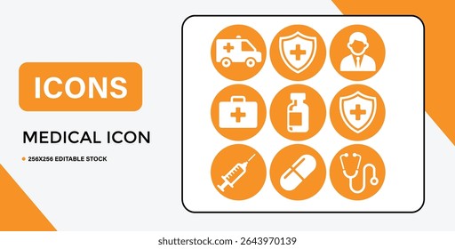 This image shows a collection of nine medical icons in orange circles, representing healthcare and medical services.