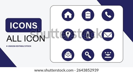 This image shows a collection of nine simple white icons on dark blue circles, useful for web design.