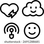 This image shows a collection of positive icons. It includes a heart, cloud, wifi, and smiley. These icons represent love, happiness, connection, and good feelings.