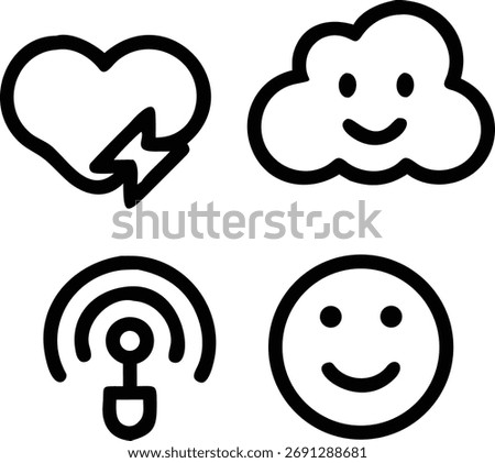 This image shows a collection of positive icons. It includes a heart, cloud, wifi, and smiley. These icons represent love, happiness, connection, and good feelings.
