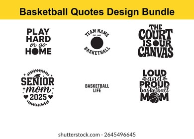 Esta imagem mostra uma coleção de seis cotações temáticas de basquete preto e branco para designs e artesanato.