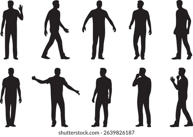 This image shows a collection of ten men in various poses. They are depicted as a black silhouette against a white background, This image features men, people, figures, silhouettes, poses.