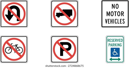 Esta Imagen muestra una colección de señales de tráfico y estacionamiento sobre un fondo blanco. Las señales incluyen varios símbolos y mensajes que indican restricciones, prohibiciones e información para conductores y peatones.