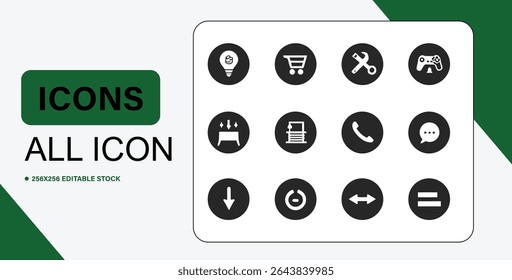 This image shows a collection of twelve different icons, all in black and white, presented on a clean white background.