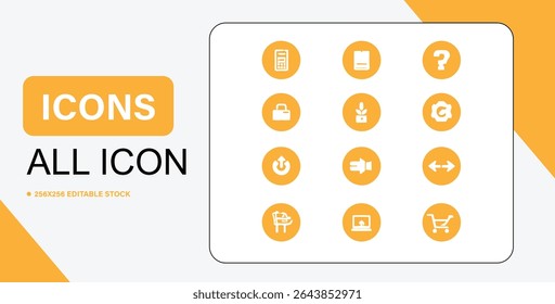 Esta imagem mostra uma coleção de doze ícones redondos simples, amarelos, cada um contendo um símbolo branco diferente. Eles são para negócios e interface de usuário.