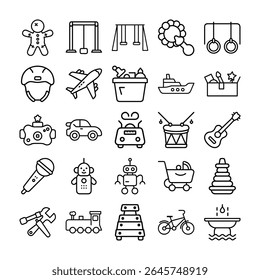 This image shows a collection of various line art icons representing toys and play equipment, all on a clean white background.