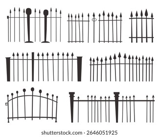 This image shows a collection of various wrought iron fence designs in black silhouette against a white background. The fences have a variety of styles and decorations.