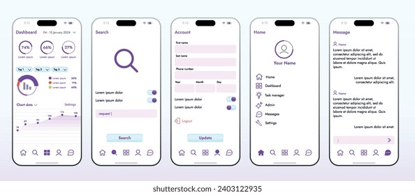 This image shows the concept of a mobile app for online services such as banking and shopping. Modern smartphone layout, easy to interact with various functions.