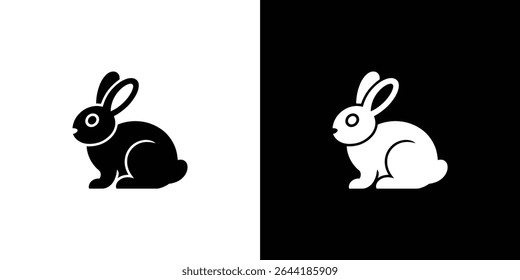 Esta imagem mostra uma ilustração contrastante de uma silhueta de coelho, uma em preto contra um fundo branco, e a outra em branco contra um fundo preto. Design minimalista e limpo.
